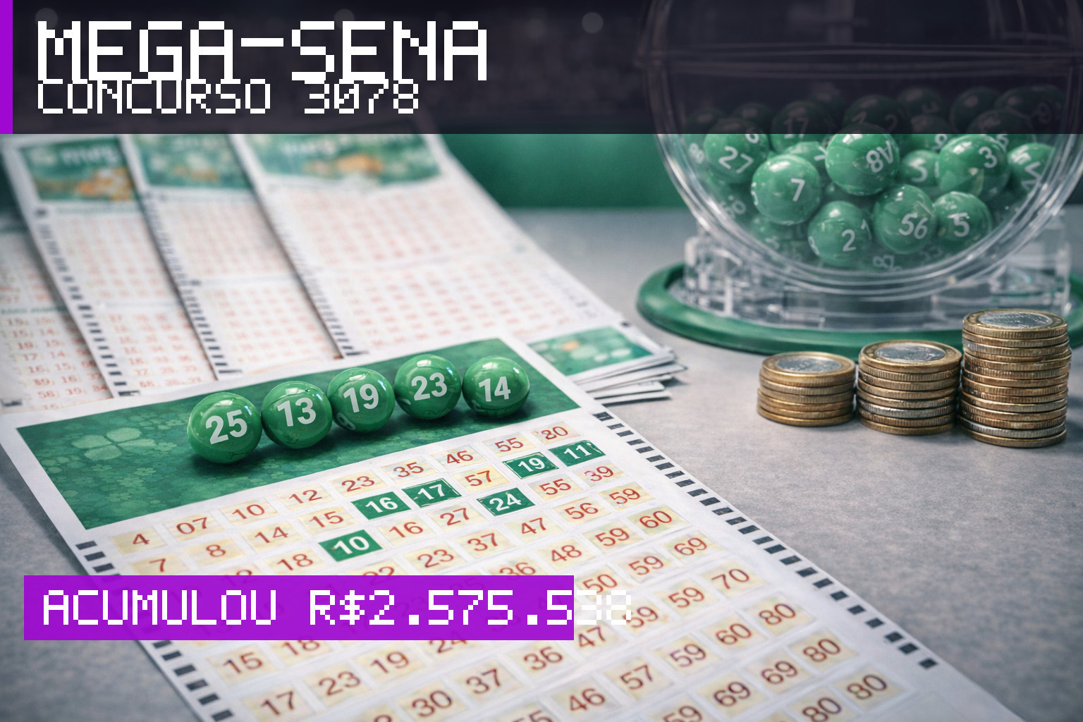 Resultado da Mega-Sena, concurso 3078: acumulou r$ 2.575.538
